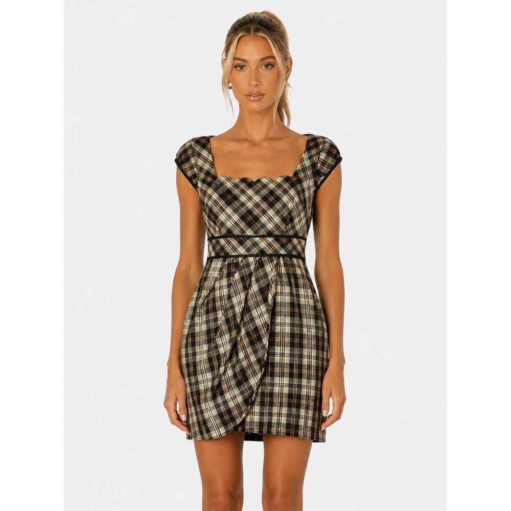 eShakti Womens Plaid Scalloped Neck Cap Sleeve 100% Cotton Dress Size 14 L